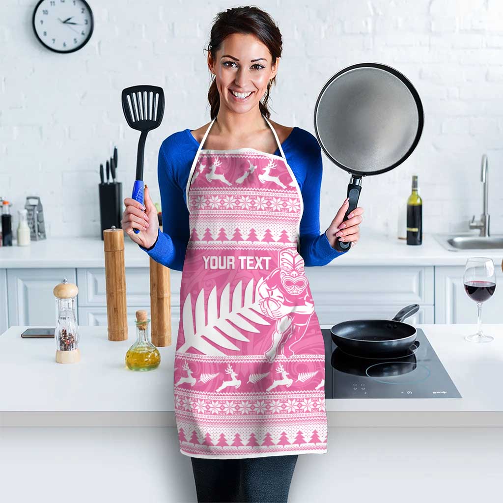 New Zealand Christmas Rugby Personalised Apron Meri Kirihimete All Black Maori Pink Version - Aussie Hoodie