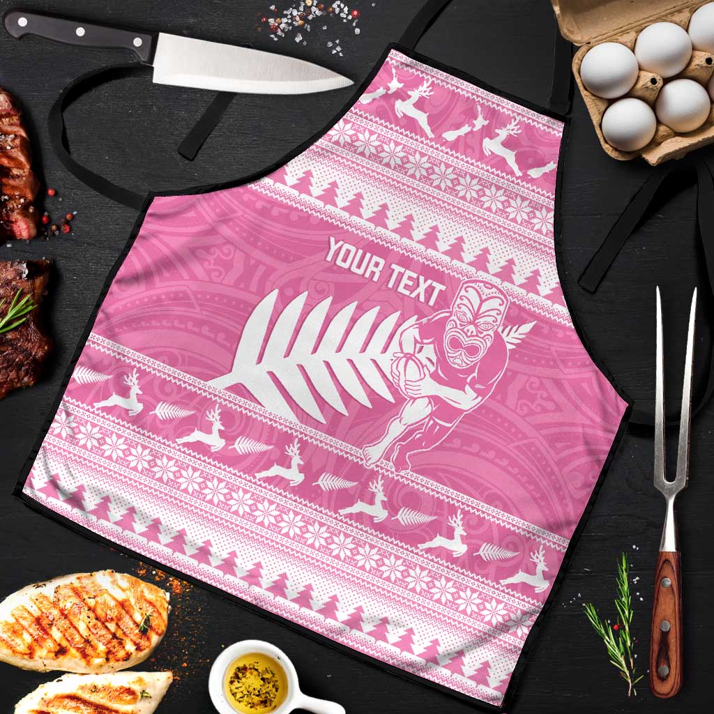 New Zealand Christmas Rugby Personalised Apron Meri Kirihimete All Black Maori Pink Version - Aussie Hoodie