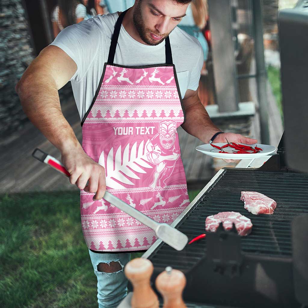 New Zealand Christmas Rugby Personalised Apron Meri Kirihimete All Black Maori Pink Version - Aussie Hoodie