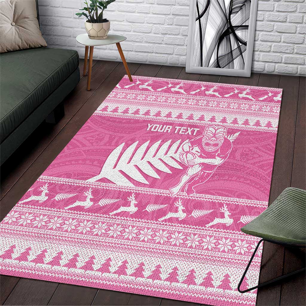 New Zealand Christmas Rugby Personalised Area Rug Meri Kirihimete All Black Maori Pink Version - Aussie Hoodie