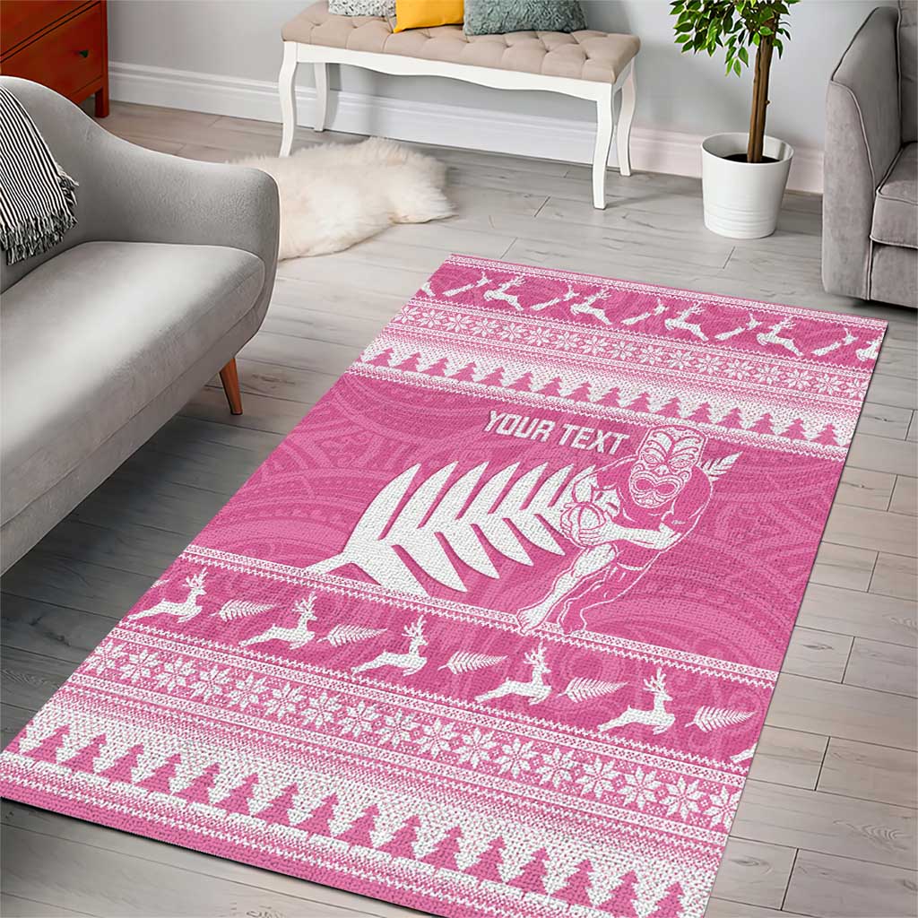 New Zealand Christmas Rugby Personalised Area Rug Meri Kirihimete All Black Maori Pink Version - Aussie Hoodie