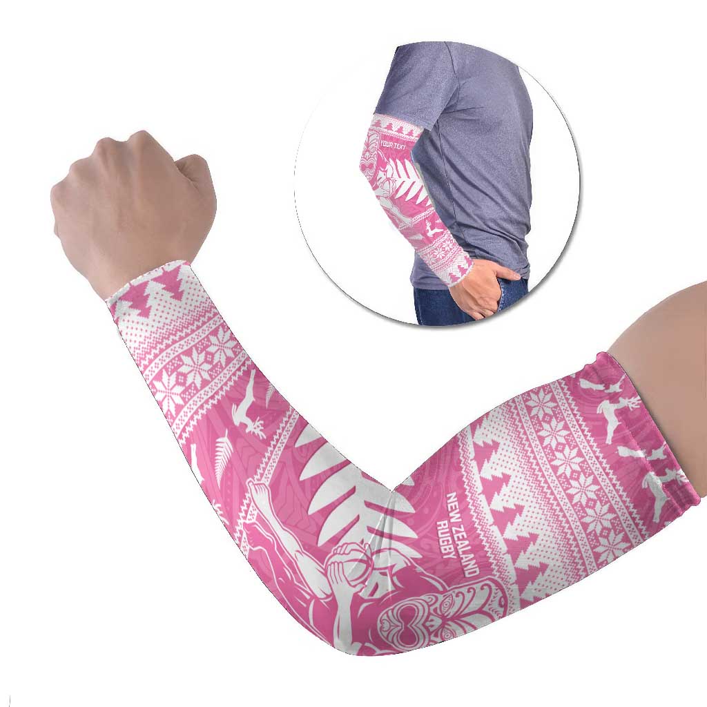 New Zealand Christmas Rugby Personalised Arm Sleeves Meri Kirihimete All Black Maori Pink Version - Aussie Hoodie