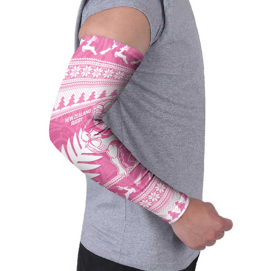 New Zealand Christmas Rugby Personalised Arm Sleeves Meri Kirihimete All Black Maori Pink Version - Aussie Hoodie