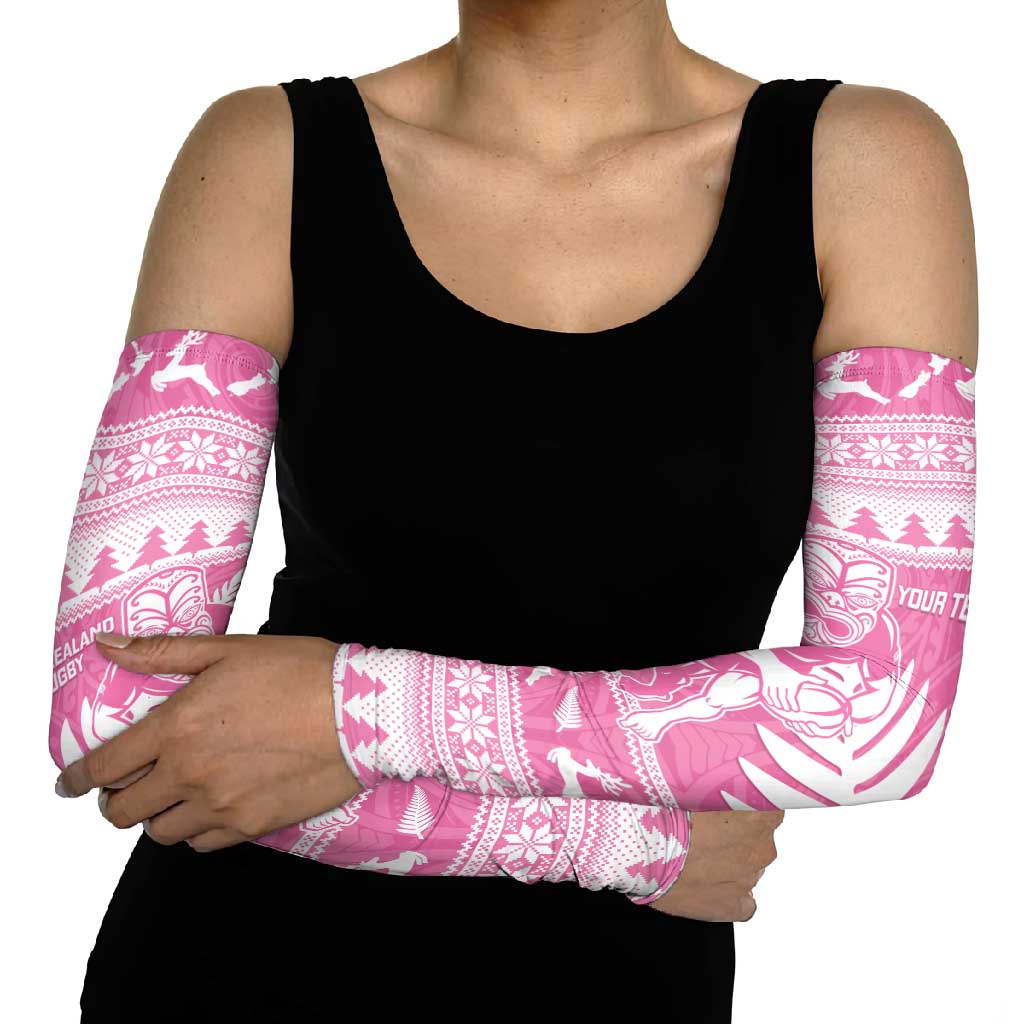New Zealand Christmas Rugby Personalised Arm Sleeves Meri Kirihimete All Black Maori Pink Version - Aussie Hoodie