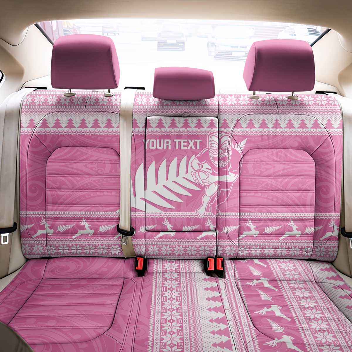 New Zealand Christmas Rugby Personalised Back Car Seat Cover Meri Kirihimete All Black Maori Pink Version - Aussie Hoodie