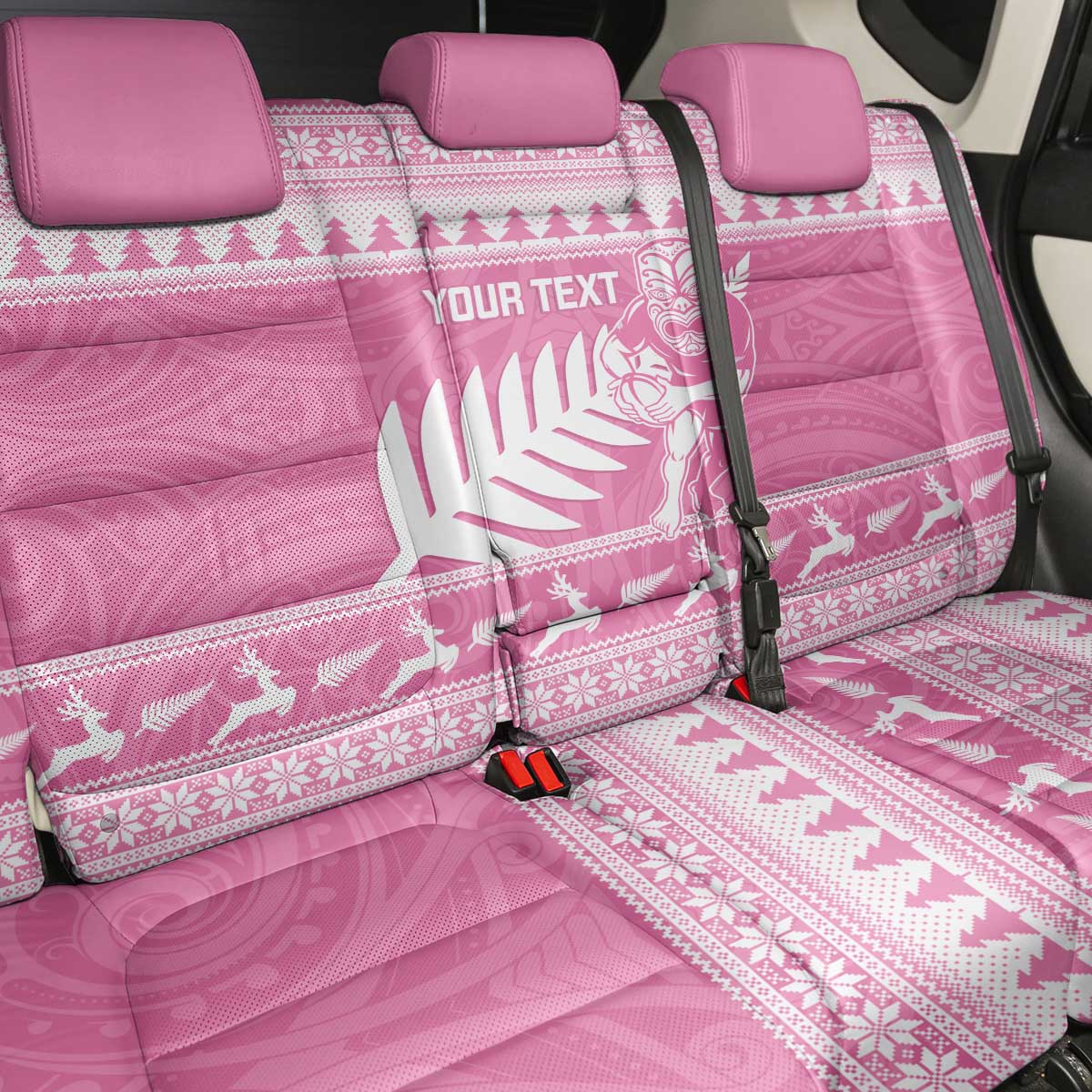 New Zealand Christmas Rugby Personalised Back Car Seat Cover Meri Kirihimete All Black Maori Pink Version - Aussie Hoodie