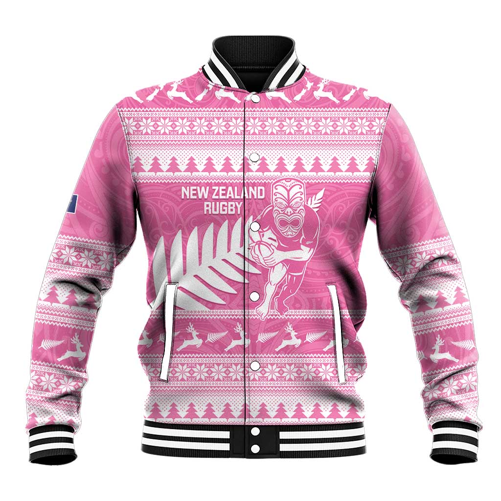 New Zealand Christmas Rugby Personalised Baseball Jacket Meri Kirihimete All Black Maori Pink Version - Aussie Hoodie