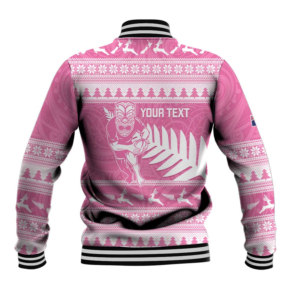 New Zealand Christmas Rugby Personalised Baseball Jacket Meri Kirihimete All Black Maori Pink Version - Aussie Hoodie