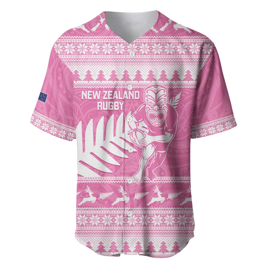 New Zealand Christmas Rugby Personalised Baseball Jersey Meri Kirihimete All Black Maori Pink Version - Aussie Hoodie
