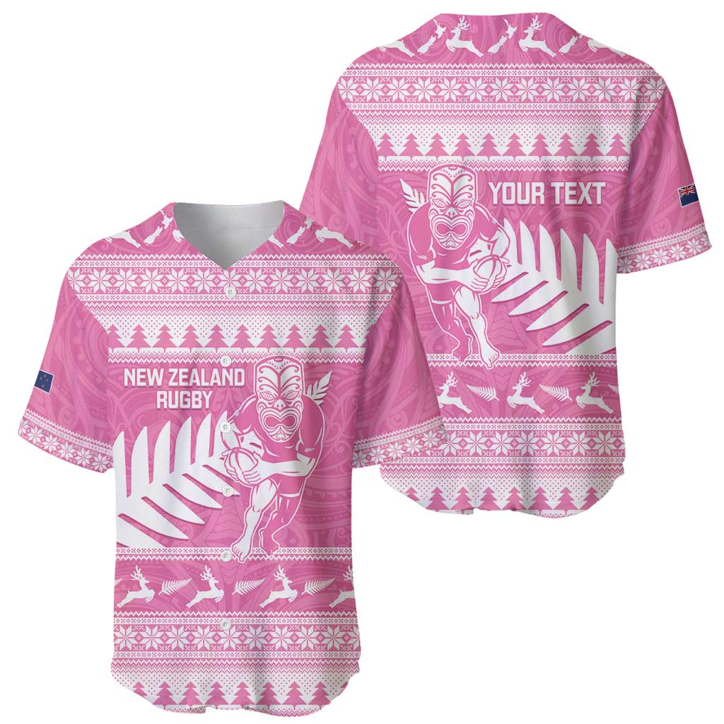 New Zealand Christmas Rugby Personalised Baseball Jersey Meri Kirihimete All Black Maori Pink Version - Aussie Hoodie
