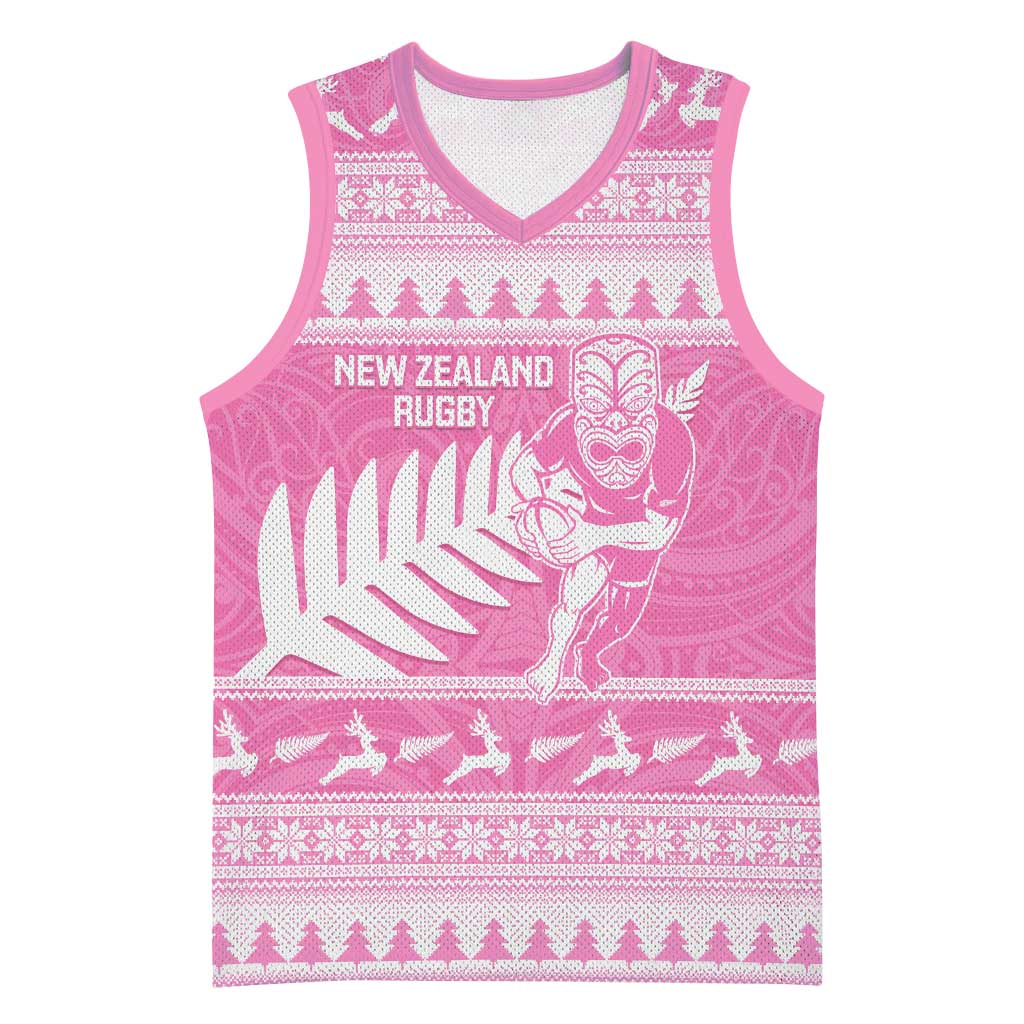 New Zealand Christmas Rugby Personalised Basketball Jersey Meri Kirihimete All Black Maori Pink Version - Aussie Hoodie
