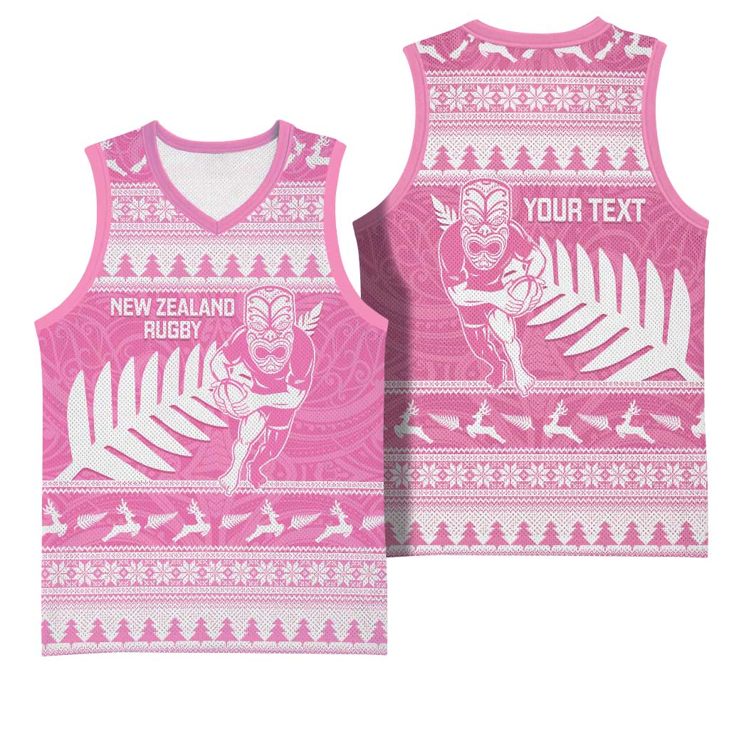 New Zealand Christmas Rugby Personalised Basketball Jersey Meri Kirihimete All Black Maori Pink Version - Aussie Hoodie