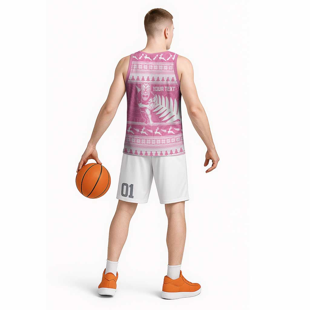 New Zealand Christmas Rugby Personalised Basketball Jersey Meri Kirihimete All Black Maori Pink Version - Aussie Hoodie