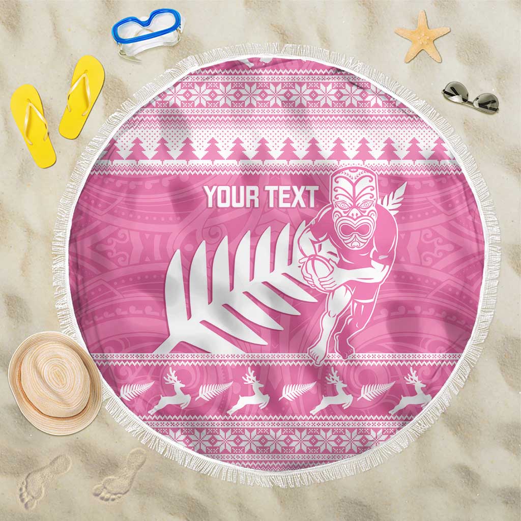 New Zealand Christmas Rugby Personalised Beach Blanket Meri Kirihimete All Black Maori Pink Version - Aussie Hoodie