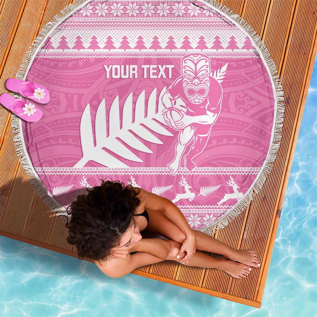 New Zealand Christmas Rugby Personalised Beach Blanket Meri Kirihimete All Black Maori Pink Version - Aussie Hoodie