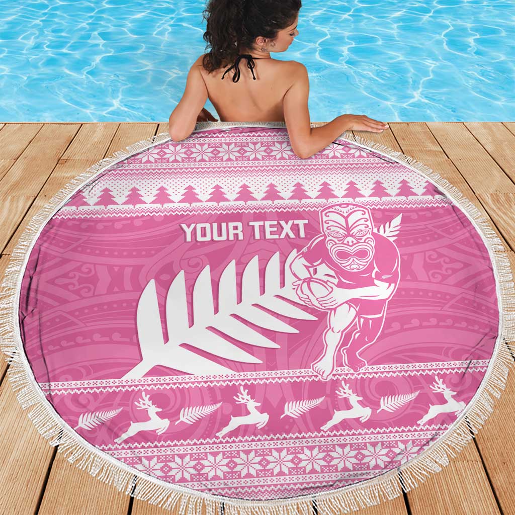 New Zealand Christmas Rugby Personalised Beach Blanket Meri Kirihimete All Black Maori Pink Version - Aussie Hoodie