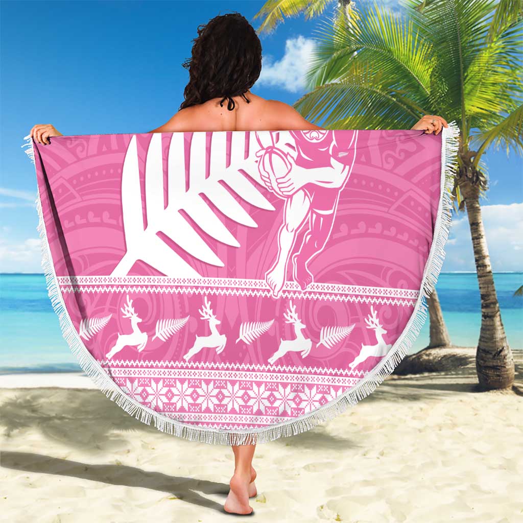 New Zealand Christmas Rugby Personalised Beach Blanket Meri Kirihimete All Black Maori Pink Version - Aussie Hoodie