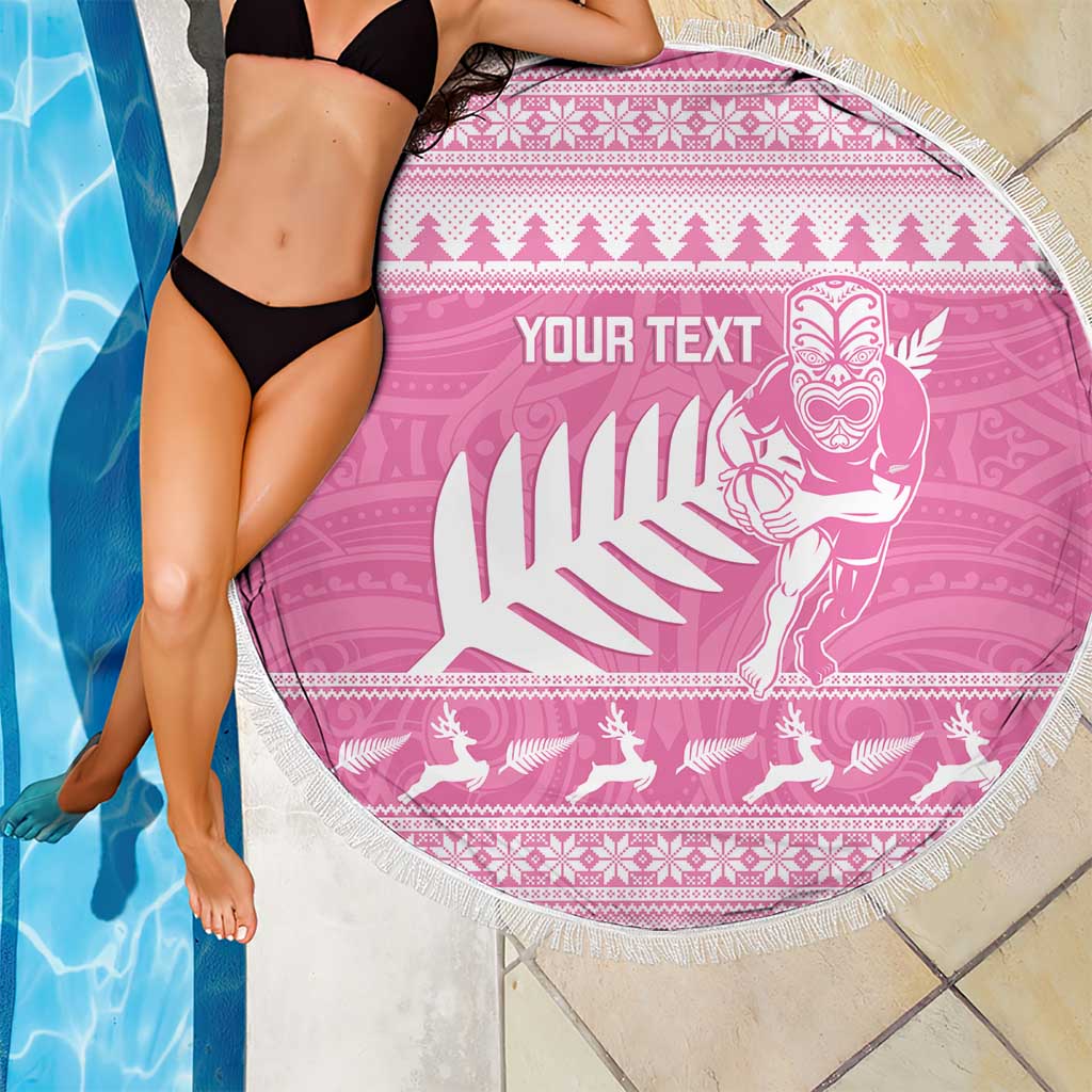 New Zealand Christmas Rugby Personalised Beach Blanket Meri Kirihimete All Black Maori Pink Version - Aussie Hoodie