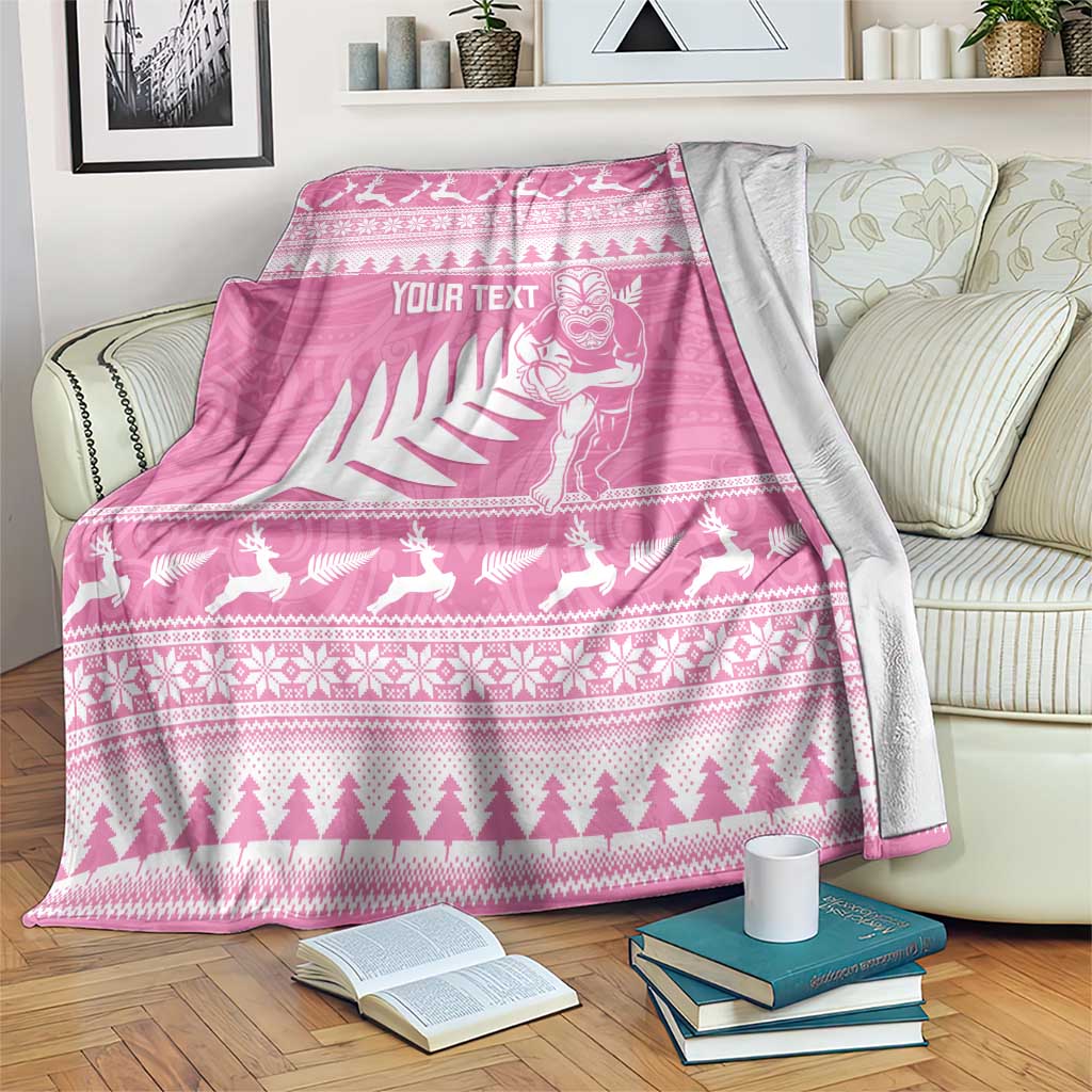 New Zealand Christmas Rugby Personalised Blanket Meri Kirihimete All Black Maori Pink Version - Aussie Hoodie