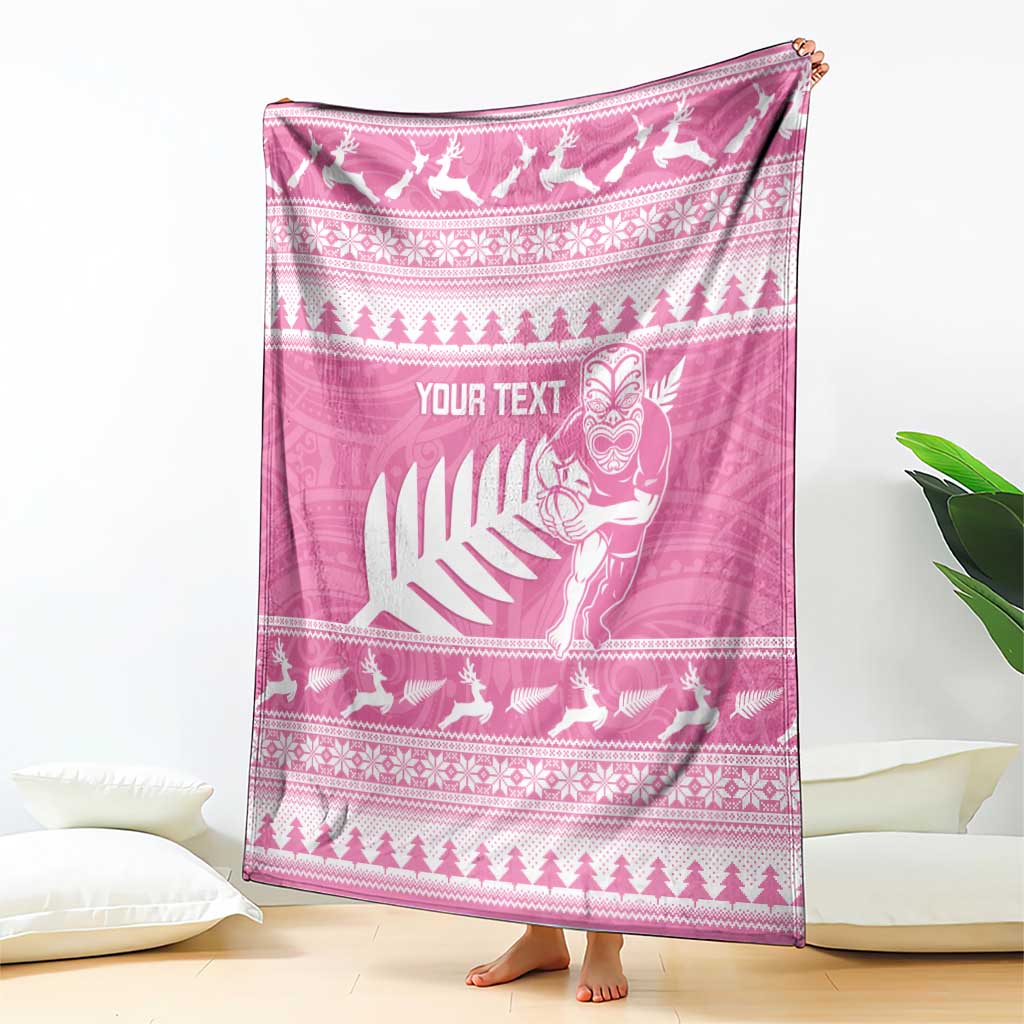 New Zealand Christmas Rugby Personalised Blanket Meri Kirihimete All Black Maori Pink Version - Aussie Hoodie