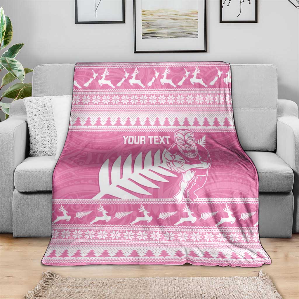 New Zealand Christmas Rugby Personalised Blanket Meri Kirihimete All Black Maori Pink Version - Aussie Hoodie