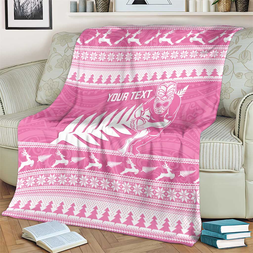New Zealand Christmas Rugby Personalised Blanket Meri Kirihimete All Black Maori Pink Version - Aussie Hoodie