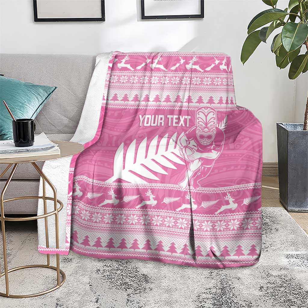 New Zealand Christmas Rugby Personalised Blanket Meri Kirihimete All Black Maori Pink Version - Aussie Hoodie