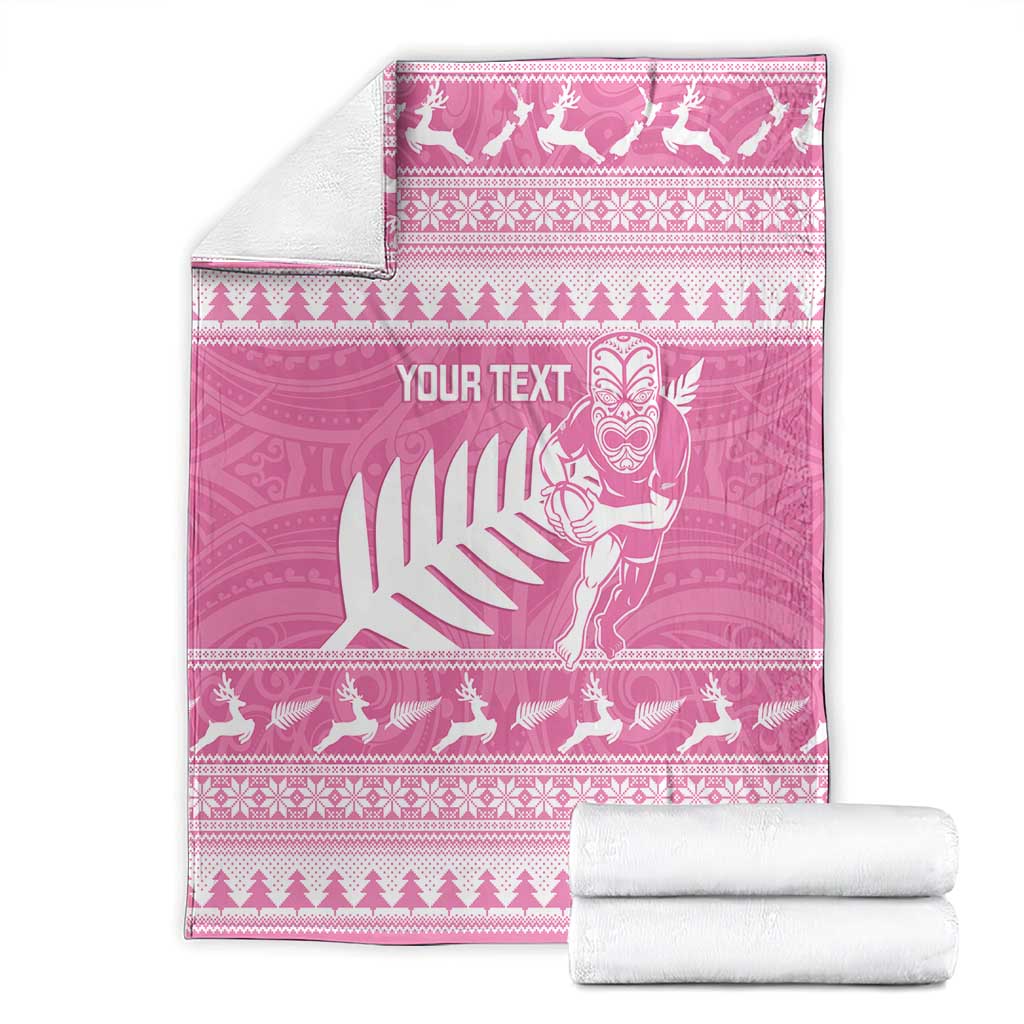 New Zealand Christmas Rugby Personalised Blanket Meri Kirihimete All Black Maori Pink Version - Aussie Hoodie