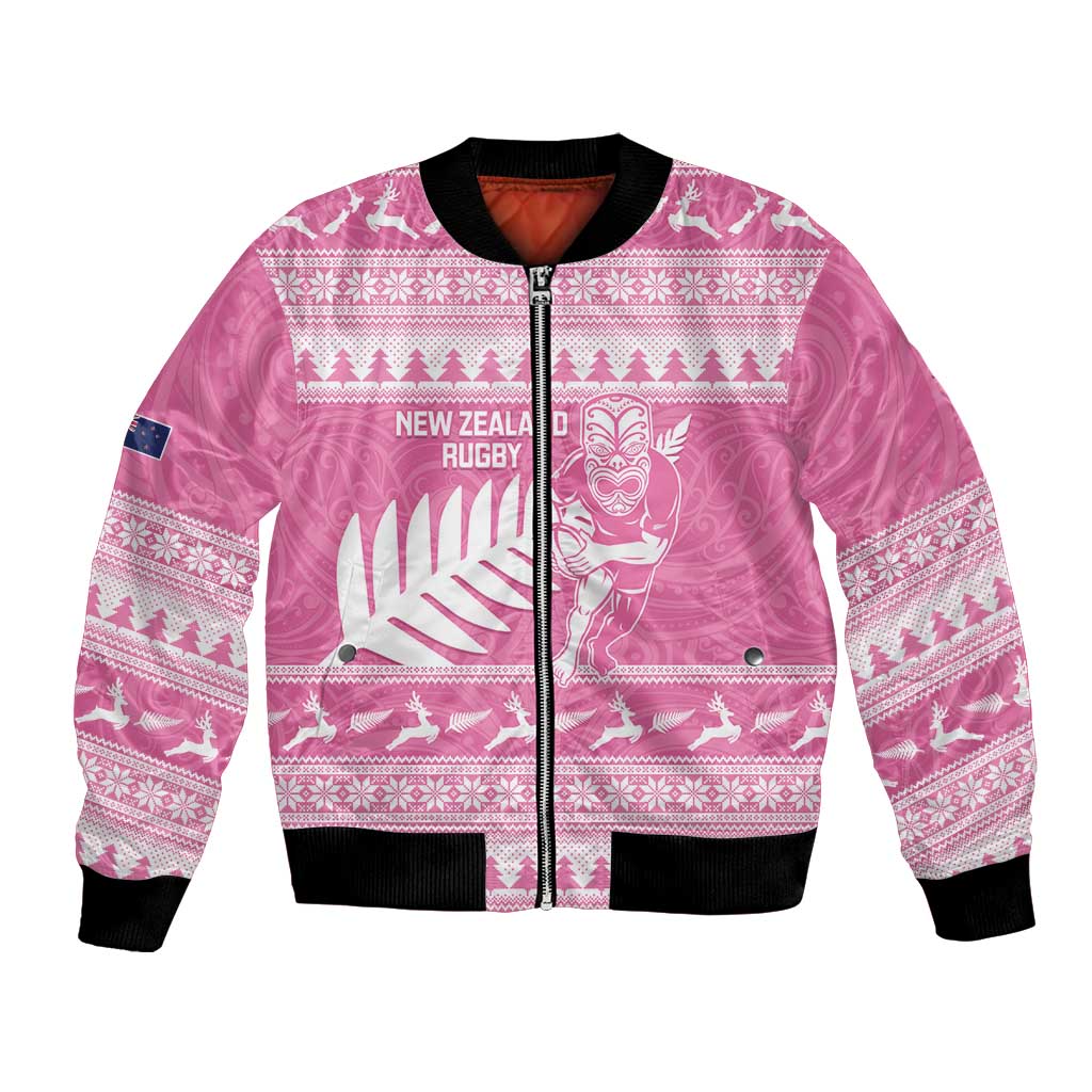 New Zealand Christmas Rugby Personalised Bomber Jacket Meri Kirihimete All Black Maori Pink Version - Aussie Hoodie