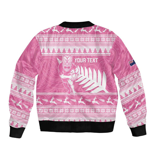 New Zealand Christmas Rugby Personalised Bomber Jacket Meri Kirihimete All Black Maori Pink Version - Aussie Hoodie