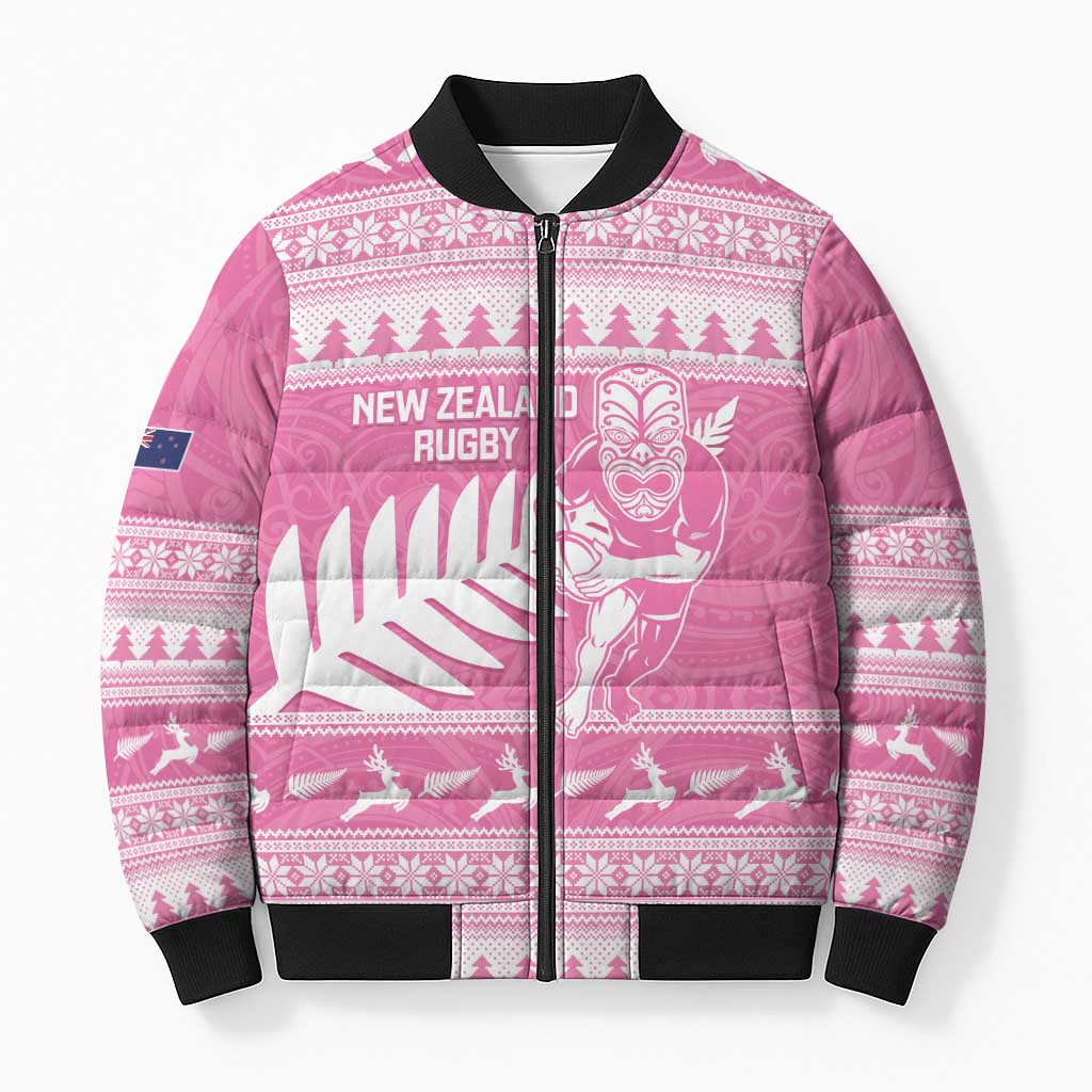 New Zealand Christmas Rugby Personalised Bomber Puffer Jacket Meri Kirihimete All Black Maori Pink Version - Aussie Hoodie