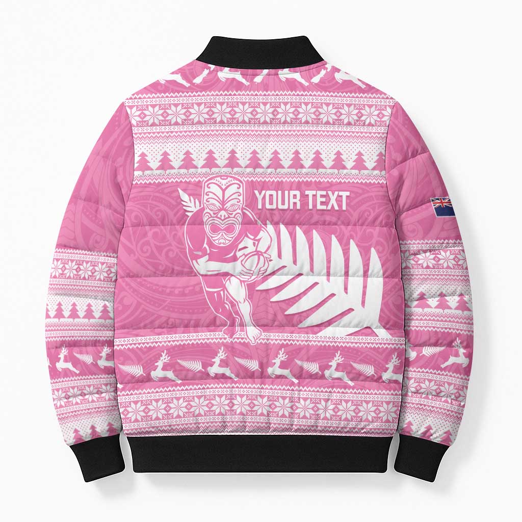New Zealand Christmas Rugby Personalised Bomber Puffer Jacket Meri Kirihimete All Black Maori Pink Version - Aussie Hoodie
