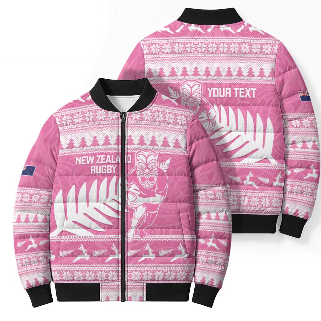 New Zealand Christmas Rugby Personalised Bomber Puffer Jacket Meri Kirihimete All Black Maori Pink Version - Aussie Hoodie