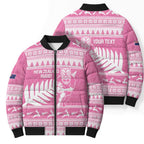 New Zealand Christmas Rugby Personalised Bomber Puffer Jacket Meri Kirihimete All Black Maori Pink Version - Aussie Hoodie