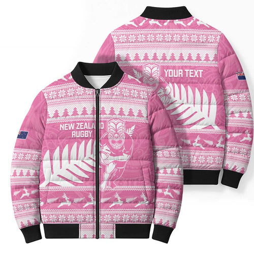 New Zealand Christmas Rugby Personalised Bomber Puffer Jacket Meri Kirihimete All Black Maori Pink Version - Aussie Hoodie