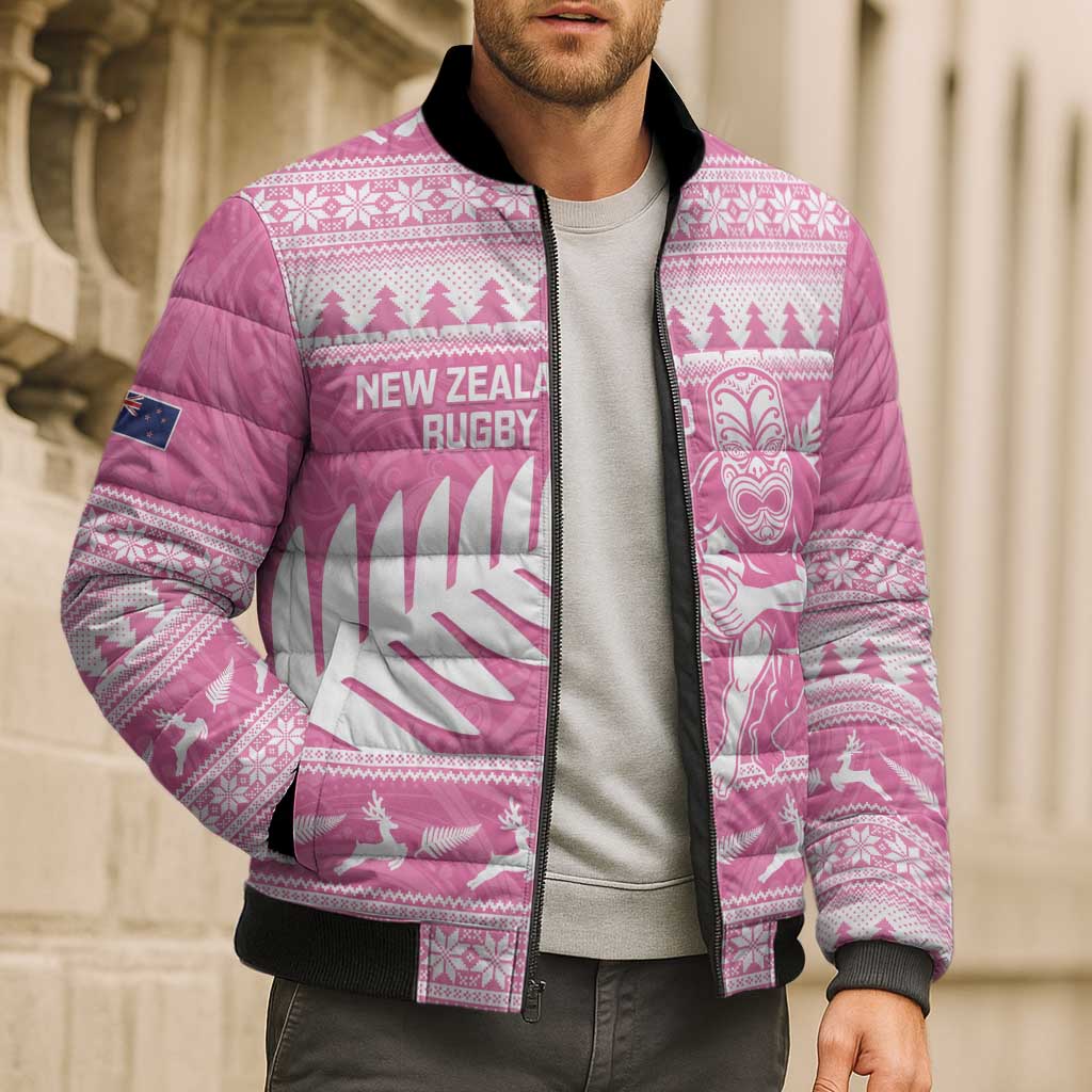 New Zealand Christmas Rugby Personalised Bomber Puffer Jacket Meri Kirihimete All Black Maori Pink Version - Aussie Hoodie