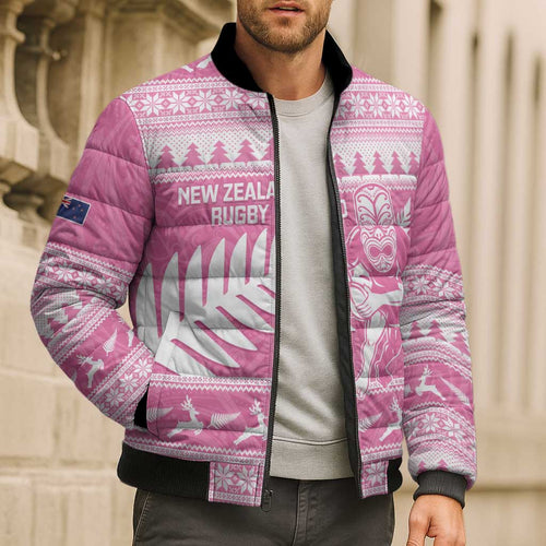 New Zealand Christmas Rugby Personalised Bomber Puffer Jacket Meri Kirihimete All Black Maori Pink Version - Aussie Hoodie