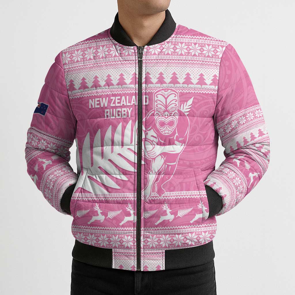 New Zealand Christmas Rugby Personalised Bomber Puffer Jacket Meri Kirihimete All Black Maori Pink Version - Aussie Hoodie