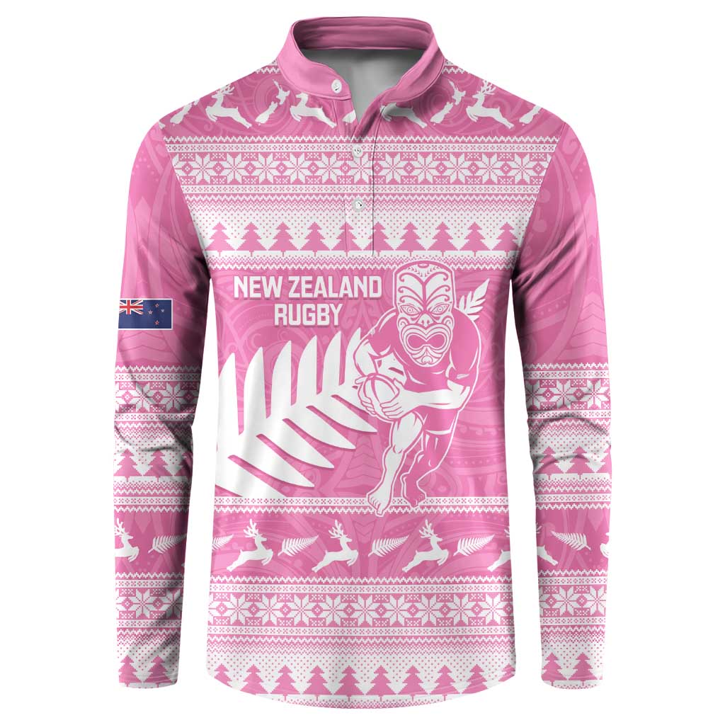 New Zealand Christmas Rugby Personalised Button Sweatshirt Meri Kirihimete All Black Maori Pink Version - Aussie Hoodie