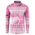 New Zealand Christmas Rugby Personalised Button Sweatshirt Meri Kirihimete All Black Maori Pink Version - Aussie Hoodie