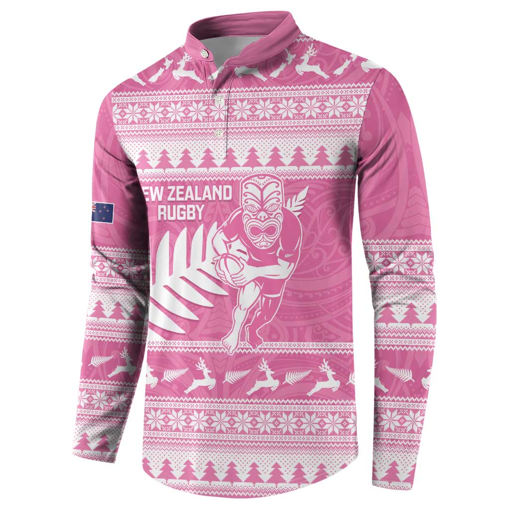 New Zealand Christmas Rugby Personalised Button Sweatshirt Meri Kirihimete All Black Maori Pink Version - Aussie Hoodie