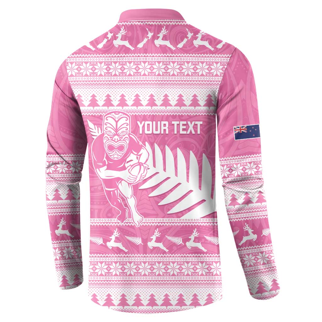 New Zealand Christmas Rugby Personalised Button Sweatshirt Meri Kirihimete All Black Maori Pink Version - Aussie Hoodie