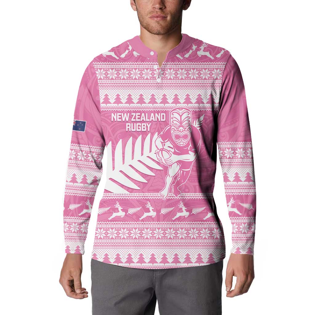 New Zealand Christmas Rugby Personalised Button Sweatshirt Meri Kirihimete All Black Maori Pink Version - Aussie Hoodie