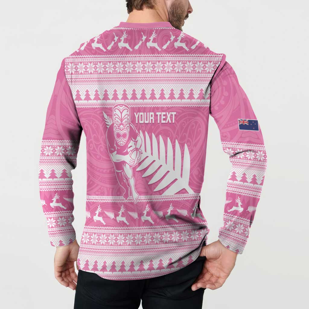 New Zealand Christmas Rugby Personalised Button Sweatshirt Meri Kirihimete All Black Maori Pink Version - Aussie Hoodie