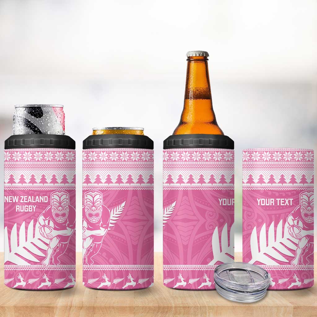 New Zealand Christmas Rugby Personalised 4 in 1 Can Cooler Tumbler Meri Kirihimete All Black Maori Pink Version - Aussie Hoodie