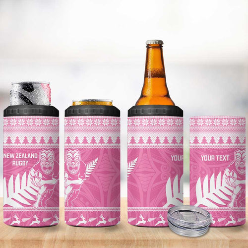 New Zealand Christmas Rugby Personalised 4 in 1 Can Cooler Tumbler Meri Kirihimete All Black Maori Pink Version - Aussie Hoodie