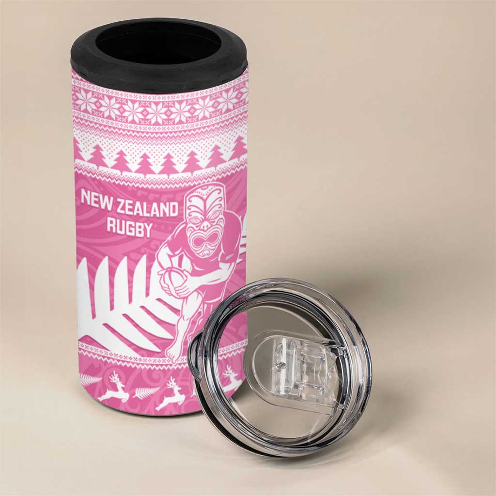 New Zealand Christmas Rugby Personalised 4 in 1 Can Cooler Tumbler Meri Kirihimete All Black Maori Pink Version - Aussie Hoodie