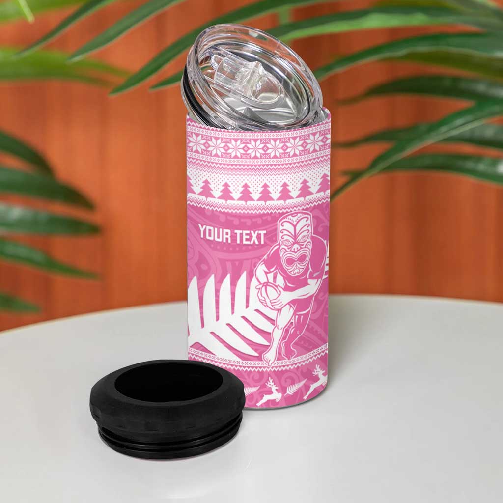 New Zealand Christmas Rugby Personalised 4 in 1 Can Cooler Tumbler Meri Kirihimete All Black Maori Pink Version - Aussie Hoodie