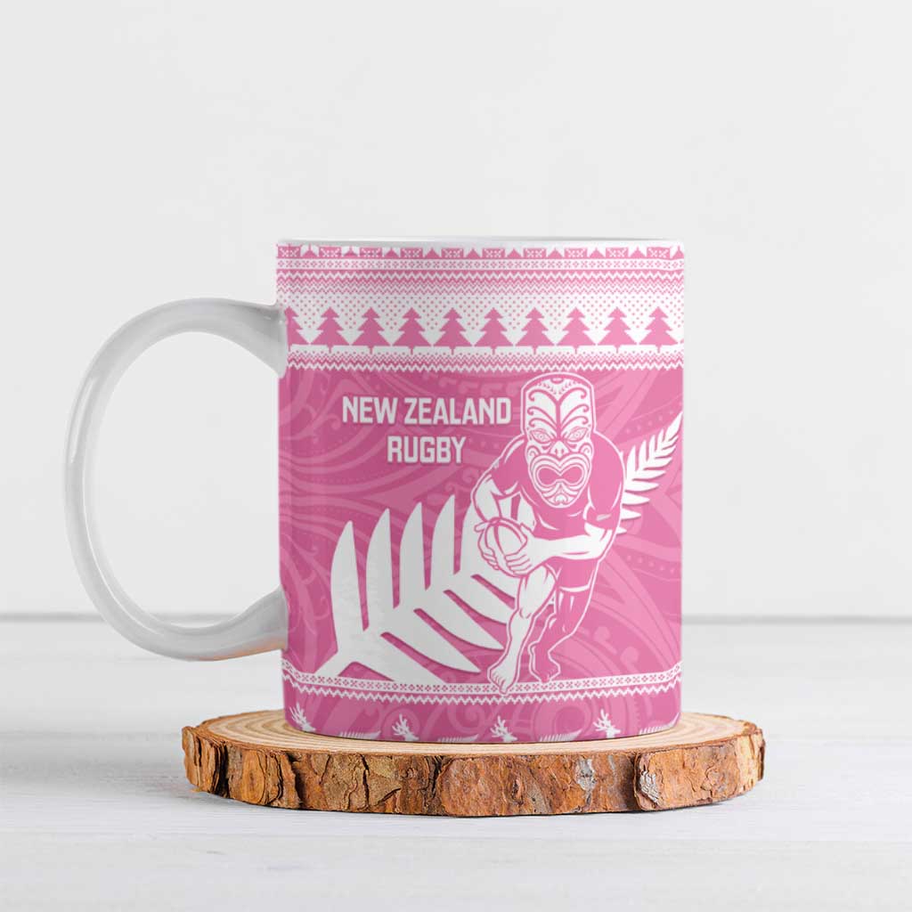 New Zealand Christmas Rugby Personalised Ceramic Mug Meri Kirihimete All Black Maori Pink Version - Aussie Hoodie
