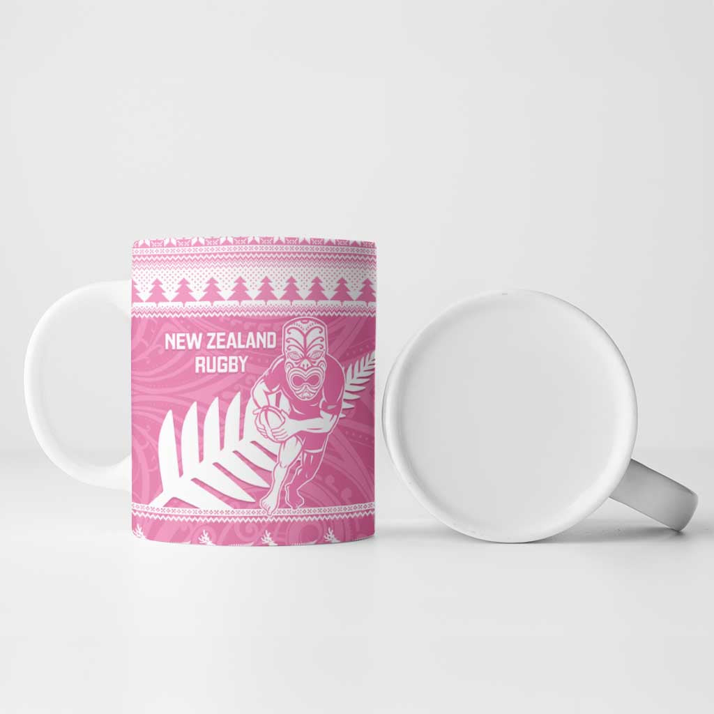 New Zealand Christmas Rugby Personalised Ceramic Mug Meri Kirihimete All Black Maori Pink Version - Aussie Hoodie